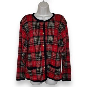 Crystal Kobe Red Plaid Cardigan Sweater Gold Button Front Pockets Women Small